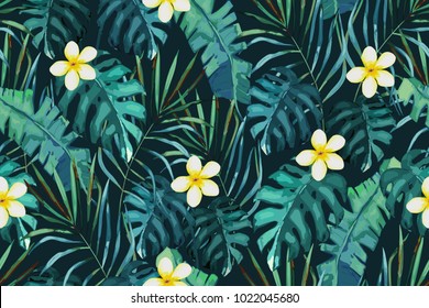 Tropical seamless pattern. Palm tree leaves and flower. Hand drawn vector illustration. Summer watercolor background