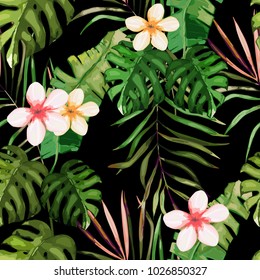 Tropical seamless pattern. Palm tree leaves and flower. Hand drawn vector illustration. Summer background