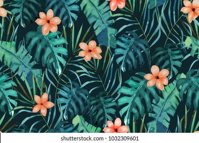 Tropical seamless pattern. Palm tree leaves and flower. Hand drawn vector illustration. Summer background