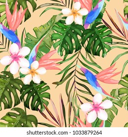 Tropical seamless pattern. Palm tree leaves and flower. Hand drawn vector illustration. Summer background. Watercolor style