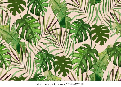Tropical seamless pattern. Palm tree leaves and flower. Hand drawn vector illustration. Summer background. Watercolor style