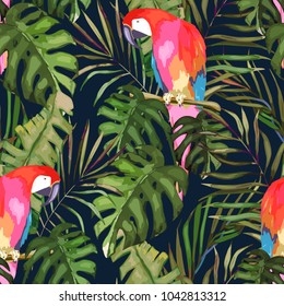 Tropical seamless pattern. Palm tree leave, flower and parrot. Hand drawn vector illustration. Summer background