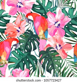 Tropical seamless pattern. Palm tree leave, flower hibiscus and parrot. Hand drawn vector illustration. Summer background