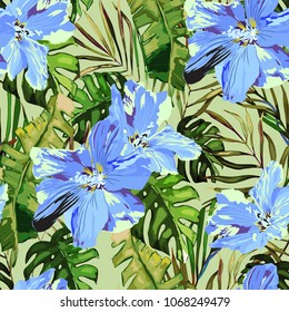 Tropical seamless pattern. Palm tree leaves and flower. Hand drawn vector illustration. Summer background. Watercolor style