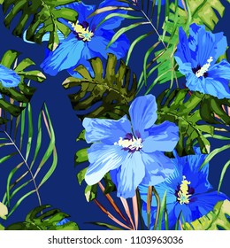 Tropical seamless pattern. Palm tree leaves and flower. Hand drawn vector illustration. Summer background. Watercolor style