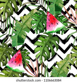 Tropical seamless pattern. Palm tree leaves and watermelon. Hand drawn vector illustration. Summer background. Watercolor style