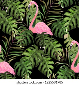 Tropical seamless pattern. Palm tree leave and  pink flamingo. Hand drawn vector illustration. Summer background