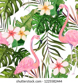 Tropical Seamless Pattern. Palm Tree Leave And  Pink Flamingo. Hand Drawn Vector Illustration. Summer Background