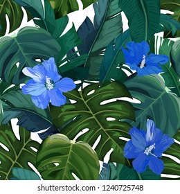 Tropical seamless pattern. Palm tree leaves and flower. Hand drawn vector illustration. Summer jungle background. Watercolor style