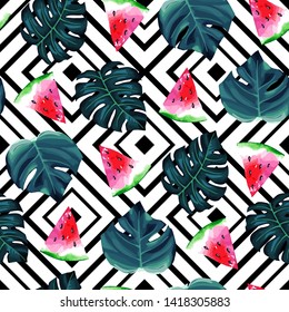 Tropical seamless pattern. Palm tree leaves and watermelon. Vector illustration. Summer background. Watercolor style