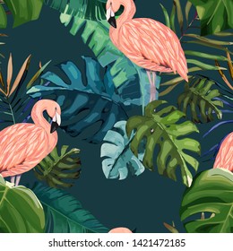 Tropical seamless pattern. Palm tree leave and pink flamingo. Hand drawn vector illustration. Summer background 