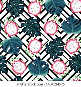 Tropical Seamless Pattern. Palm Tree Leaves And Dragonfruit. Vector Illustration. Summer Background. Watercolor Style