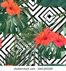 Tropisches nahtloses Muster. Palmenblätter und Hibiskus. Vektorillustration. Sommerhintergrund. 