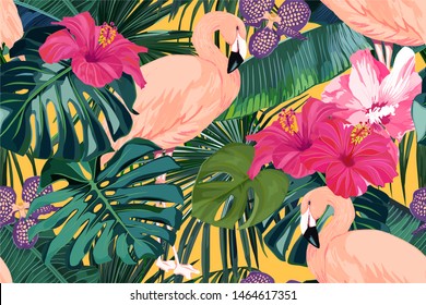 Tropical seamless pattern. Palm tree leaves, flower hibiscus and flamingo. Vector illustration. Summer background