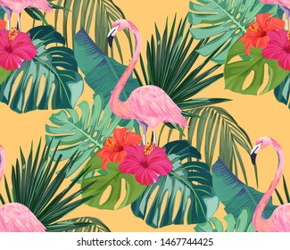 Tropical seamless pattern. Palm tree leaves, flower hibiscus and flamingo. Vector illustration. Summer background 