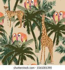 Tropical seamless pattern with palm tree, parrot, giraffe and cheetah. Vector illustration. Summer background