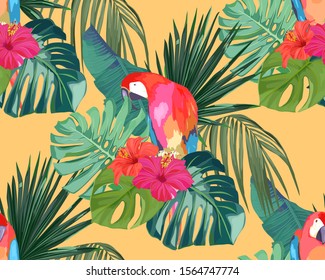 Tropical seamless pattern. Palm tree leaves, flower hibiscus and parrot. Vector illustration. Summer background 