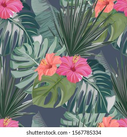 Tropical seamless pattern. Palm tree leaves and flower hibiscus . Vector illustration. Summer background 