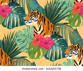 Tropical seamless pattern. Palm tree leaves, flower hibiscus and tiger. Vector illustration. Summer background 