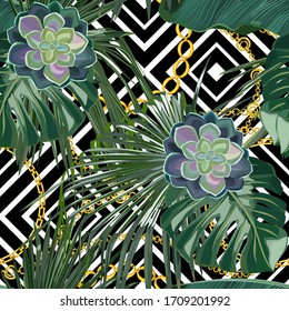 Tropical seamless pattern. Palm tree leaves, chains and cactus. Vector illustration. Retro background. 