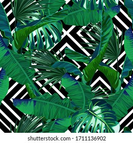 Tropical seamless pattern. Palm tree leaves, chevron. Vector illustration. Retro background. 