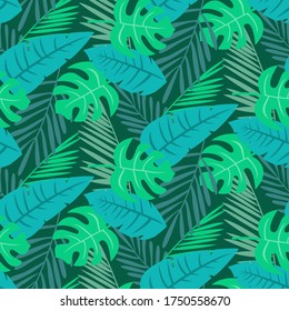 Tropical seamless pattern with palm tree leaves. Vector illustration. 