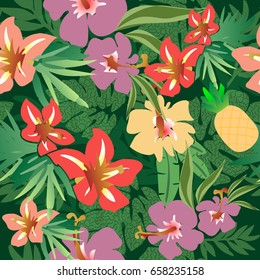 tropical seamless pattern with with  palm tree and flowers. Creative original design for girls, t shir, wallpaper fashion clothes.