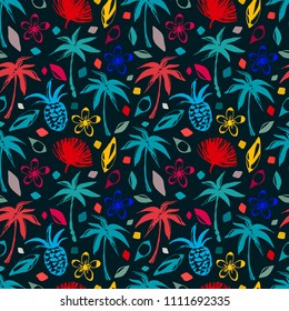 Tropical seamless pattern. Palm trees, pineapples, flowers, leaves. Background texture. Fabric design