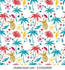 Tropical seamless pattern. Palm trees, pineapples, flowers, leaves. Background texture. Fabric design