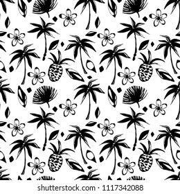 Tropical seamless pattern. Palm trees, pineapples, flowers, leaves. Background texture. Fabric design