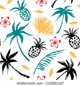 Tropical seamless pattern. Palm trees, pineapples, flowers, leaves. Background texture. Fabric design