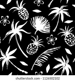 Tropical seamless pattern. Palm trees, pineapples, flowers, leaves. Background texture. Fabric design in black and white