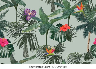 Tropical seamless pattern with palm trees, strelitzia, orchid and hibiscus. Summer jungle background. Vintage vector illustration. Rainforest  hawaiian landscape