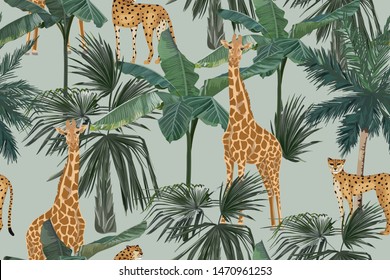 Tropical seamless pattern with palm trees, giraffes and leopards. Summer jungle background. Vintage vector illustration. Rainforest landscape