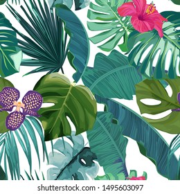 Tropical seamless pattern with palm trees, orchid and hibiscus. Summer jungle background. Vintage vector illustration. Rainforest hawaiian landscape