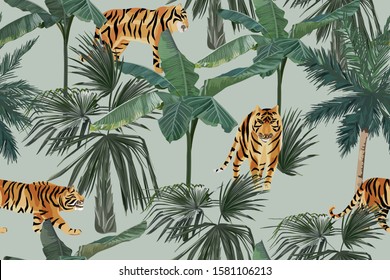 Tropical seamless pattern with palm trees and tigers. Summer jungle background. Vintage vector illustration. Rainforest landscape