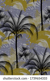 patrón tropical sin costuras con palmeras y arbustos en cuatro colores en tonos grises