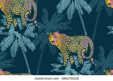 Tropical seamless pattern with palm trees and leopard.