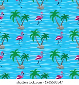Patrón tropical sin costuras con palmeras y flamencos rosas sobre fondo azul. Vacaciones de verano. Ilustración vectorial.