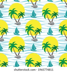 Patrón tropical sin costuras con palmeras, botes y sol amarillo sobre fondo blanco. Vacaciones de verano. Ilustración vectorial.