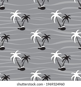 Tropical seamless pattern with palm trees on grey background. Summer holidays. Vector illustration.