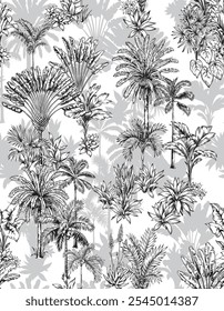 Patrón tropical sin fisuras con palmeras y hojas. Estilo lineal. Ilustración botánica de Vector. Bosquejo blanco y negro. Diseño de follaje para Fondo de pantalla, textil y papel de regalo. Fondo hawaiano.