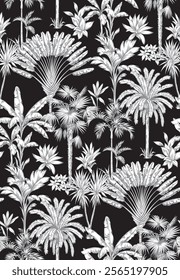 Tropical seamless pattern with palm trees. Botanical design on a black background. Black and white hand drawn sketch. Foliage design. Vector illustration. 