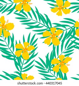 Tropical seamless pattern. Palm trees and hibiscus. Vector 