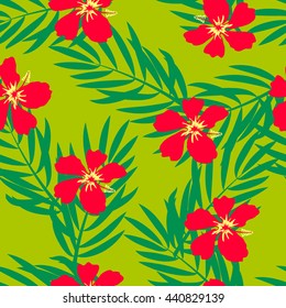 Tropical seamless pattern. Palm trees and hibiscus. Vector 