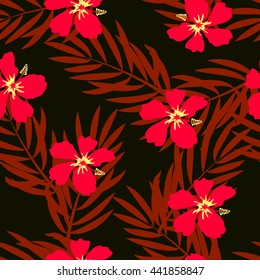 Tropical seamless pattern. Palm trees and hibiscus. Vector 