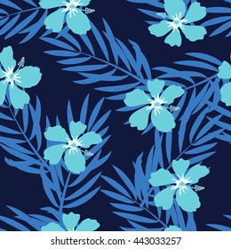 Tropical seamless pattern. Palm trees and hibiscus. Vector 