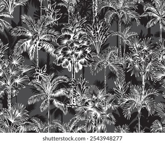 Tropical seamless pattern with palm trees.Linear style.Vector botanical illustration.Black and white sketch.Foliage design for wallpaper, textile and wrapping paper.Hawaiian background.