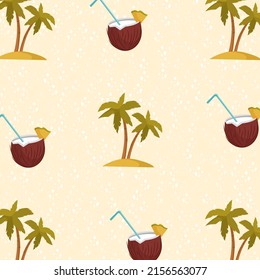 Tropical seamless pattern with palms and coconut. Vector cartoon illustration for packaging, textiles, decorative paper, notepad and much more.