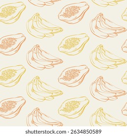 Tropical seamless pattern with papaya and banana in line art hand drawn style. Seamless tropical fruits background for summer designs, fabric, packaging, kitchen decor, or wrapping paper, wallpaper.